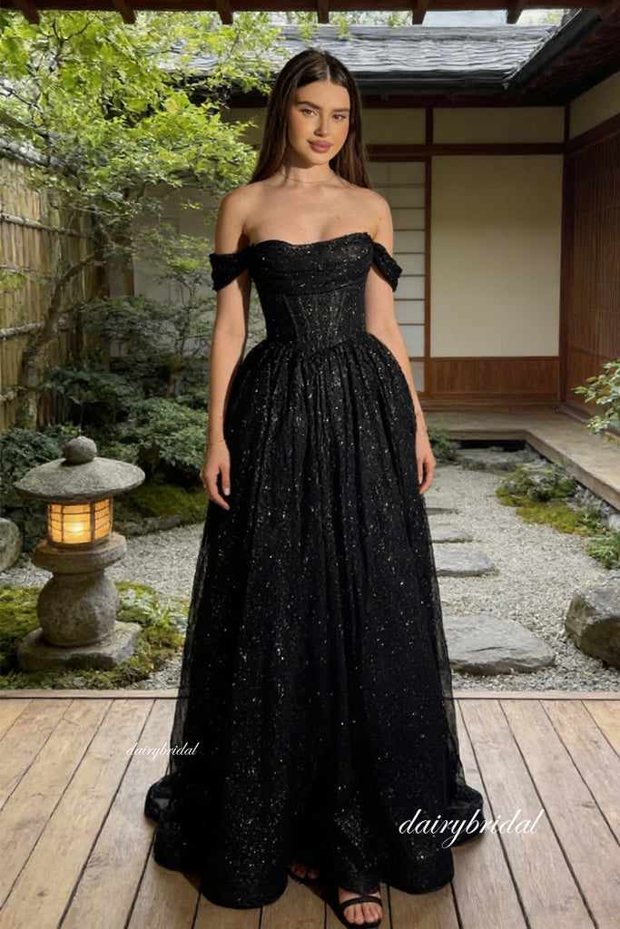 Sparkle Black Off Shoulder Long Backless Prom Dresses, DB106