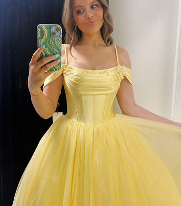 A-line Tulle Off Shoulder Princess Long Elegant Prom Dresses, FC7049