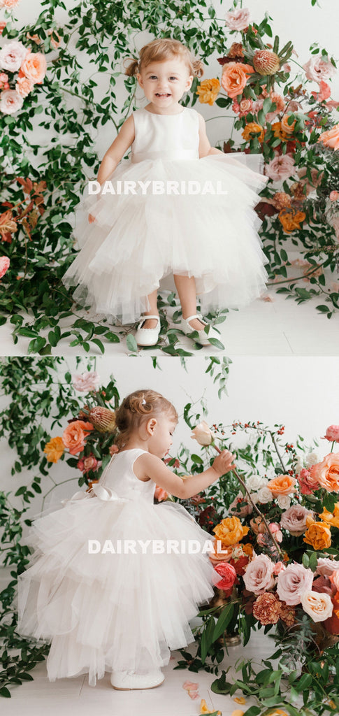 White High-Low Tulle Flower Girl Dresses, Satin Lovely Tutu Dresses,  D1001