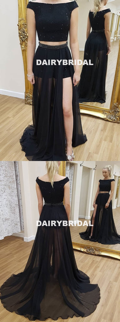 Black Off Shoulder Two Pieces Beaded A-Line Slit Chiffon Prom Dresses, D1062