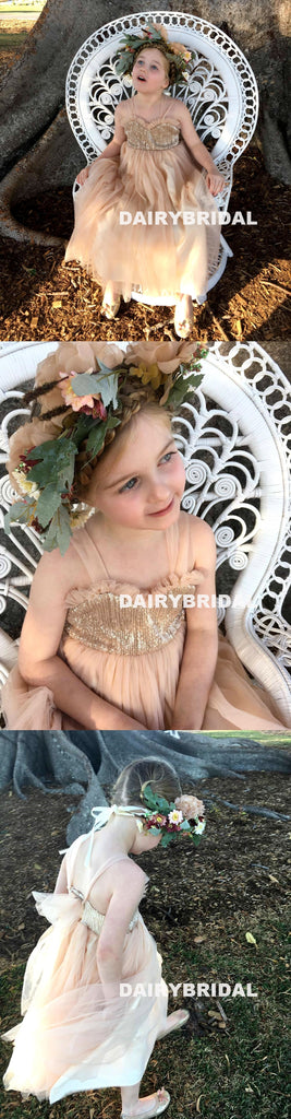 Champagne Tulle Backless Flower Girl Dresses, Sequin Lovely Little Girl Dresses, D1238