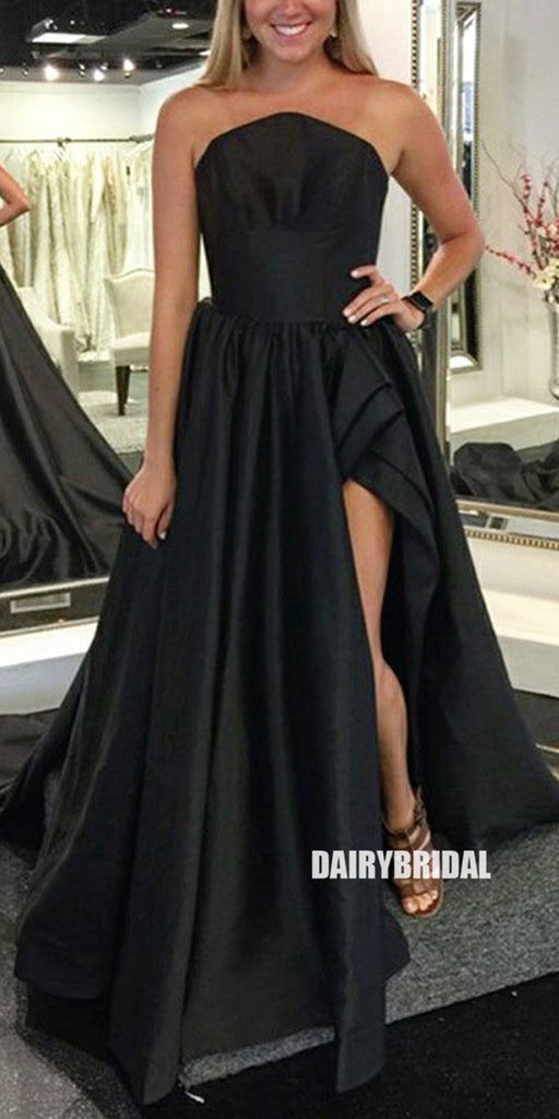 A-Line Black Satin Slit  Backless Simple Prom Dresses, FC1261