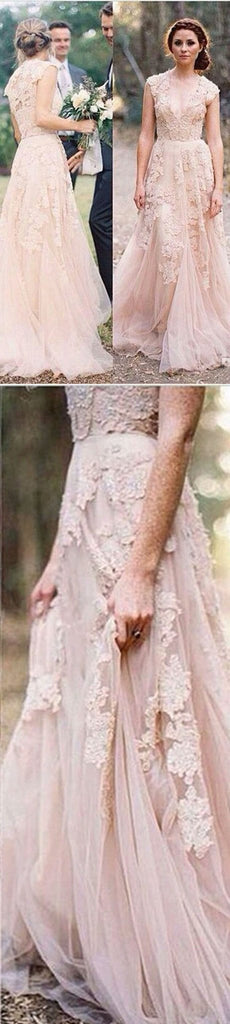 Charming Pink Lace Sexy V-neck Long Sheath Tulle Wedding Party Dresses, WD0139