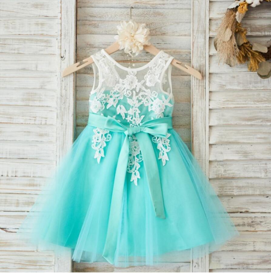 Lovely Tulle Applique Flower Girl Dresses, V Back Little Girl Dresses, FGS014