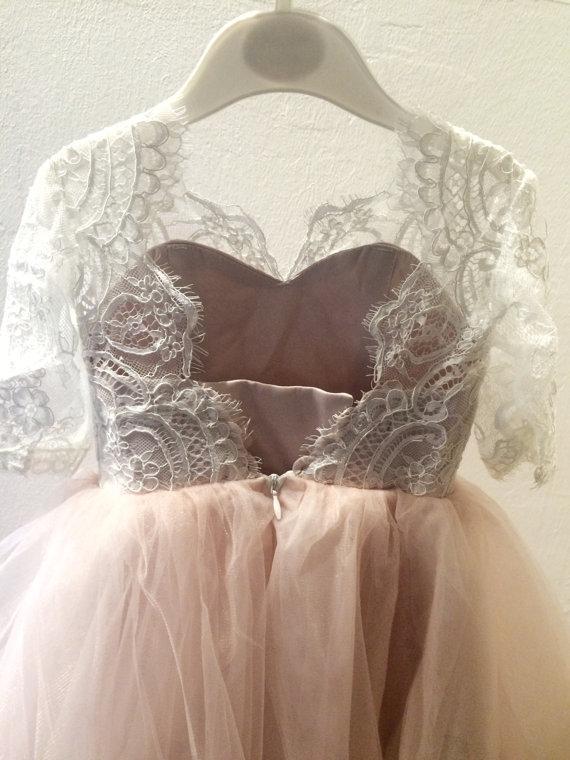 Lace Top Half Sleeves Pink Tulle Flower Girl Dresses, V-back Popular Little Girl Dresses,  FG027