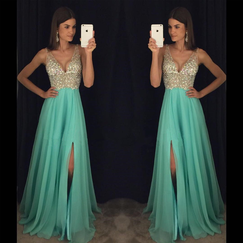 Sexy V-Neck Chiffon Prom Dress, A-Line V-Back Beaded Prom Dress, D159