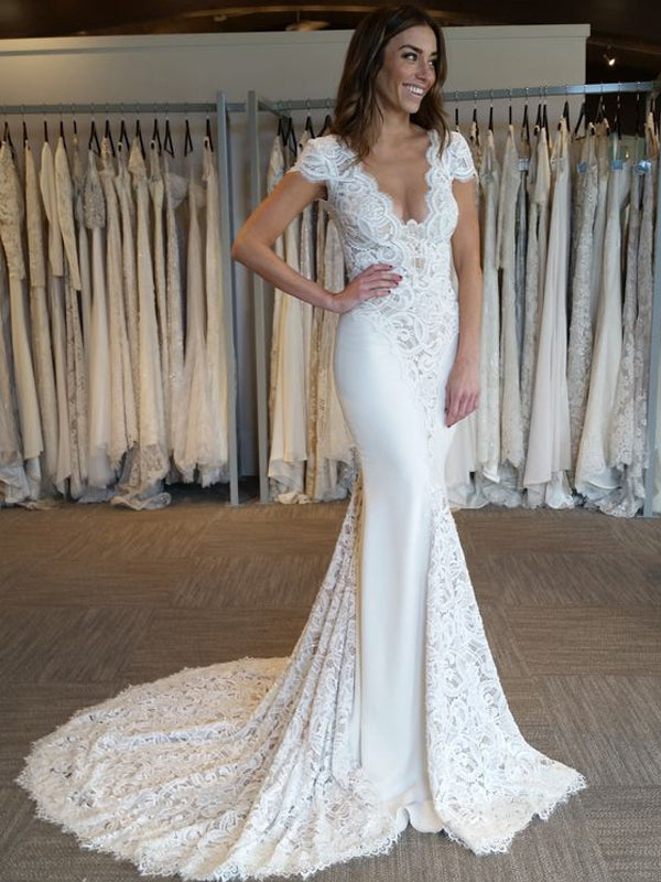 Sexy Mermaid Lace Short Sleeve Backless Wedding Dresses, FC1842