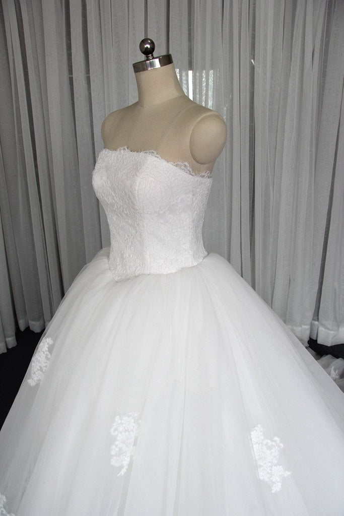 Gorgeous Strapless A line Custom Affordable Lace Wedding Bridal Dresses, WD0093