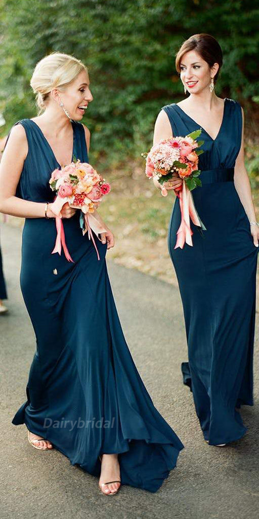 Sheath V-neck Sleeveless Floor-Length Backless Bridesmaid Dress, FC2052