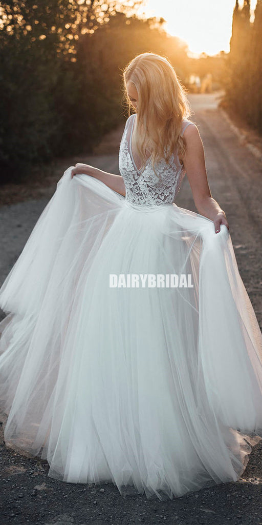 Lace V-neck Sleeveless Mermaid Backless Wedding Dresses with Tulle Detachable Skirt, FC2062