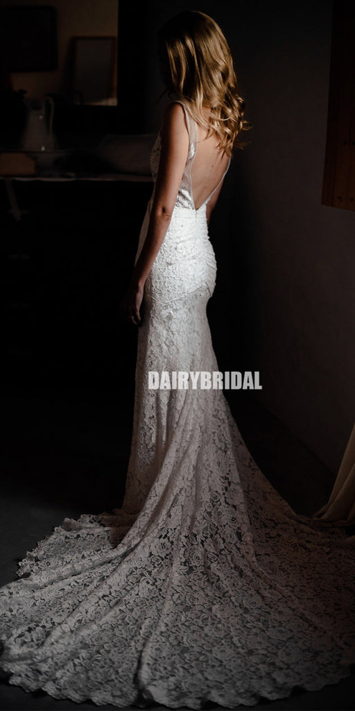 Lace V-neck Sleeveless Mermaid Backless Wedding Dresses with Tulle Detachable Skirt, FC2062