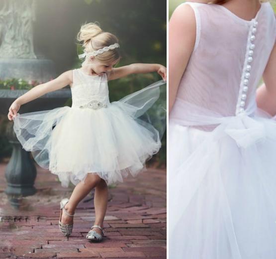 Illusion Lace Top Tulle Flower Girl Dresses, Popular Little Girl Dresses with rhinestone Belt, FG033