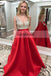 A-Line Satin Backless Prom Dress, Red Beaded Sleeveless Prom Dress, D212