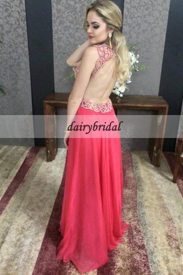 Deep V-Neck Beaded A-Line Prom Dress, Open-Back Chiffon Prom Dress, D213