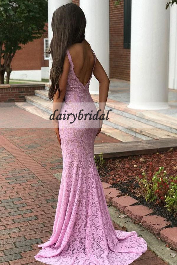 Sexy Backless Lace  Prom Dress, Pink Mermaid Beaded Prom Dress, D216