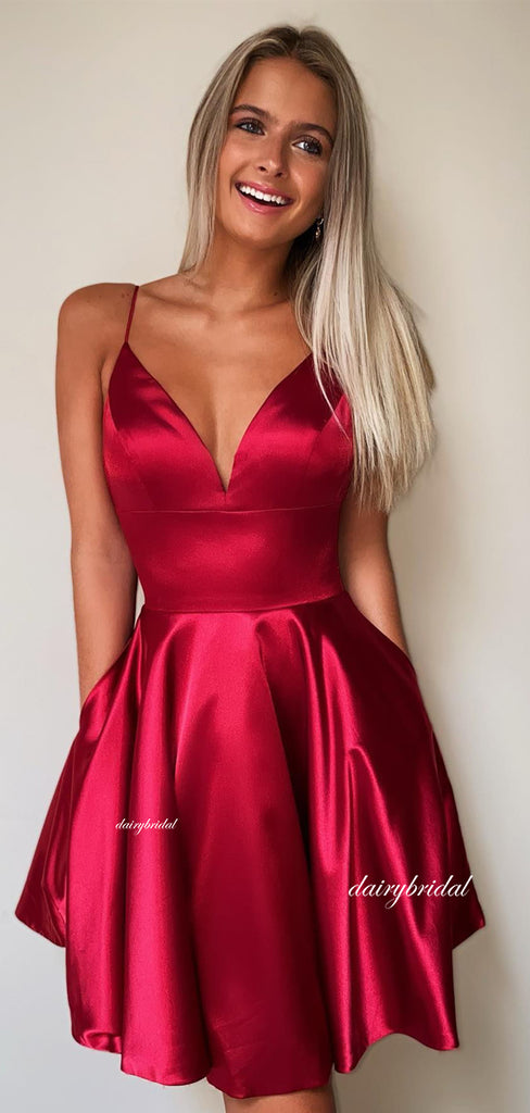 Spaghetti Straps V-neck Satin A-line Backless Homecoming Dress, HC021