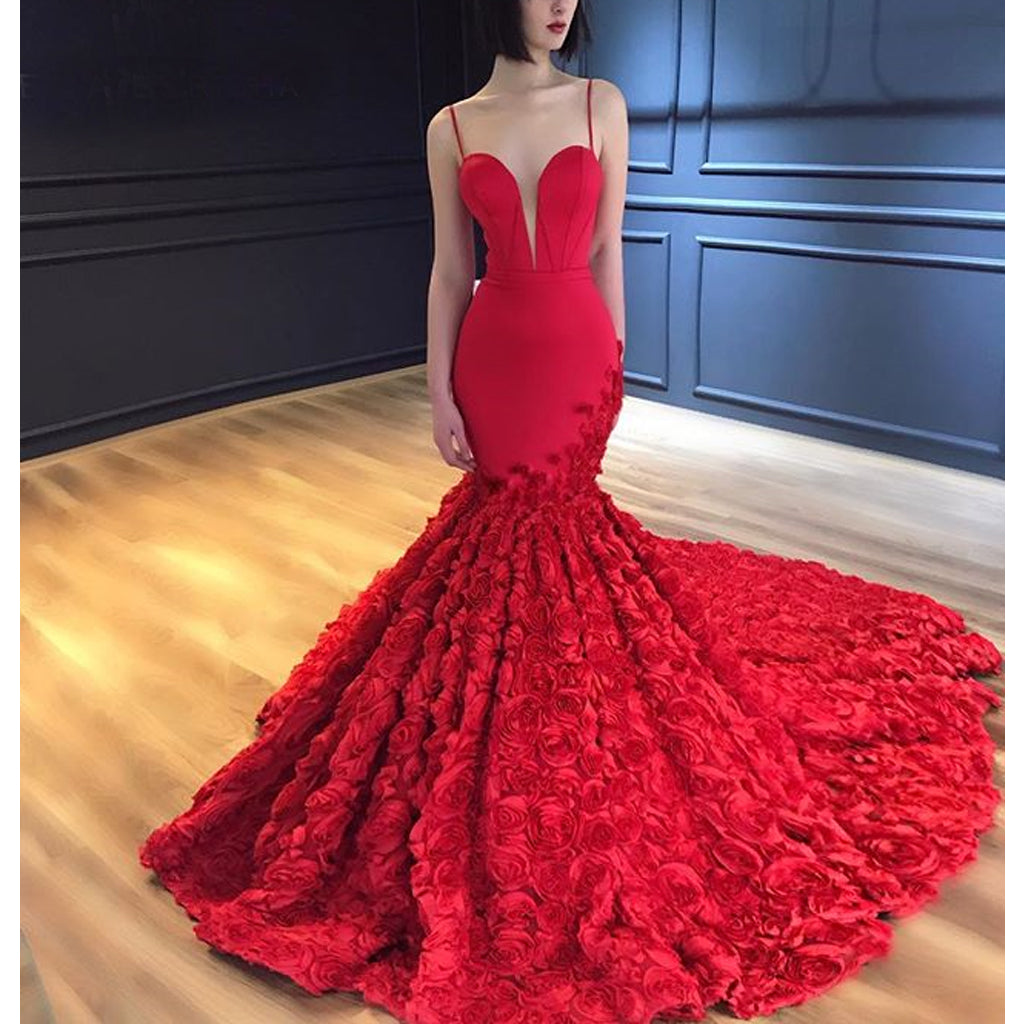 Spaghetti Straps Mermaid Luxury 3D Lace Backless Red Prom Dresses, FC2204