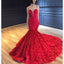 Spaghetti Straps Mermaid Luxury 3D Lace Backless Red Prom Dresses, FC2204