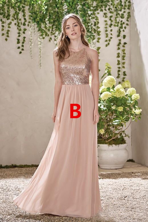 Mismatched Sequin Top Bridesmaid Dress, Chiffon Floor-Length Bridesmaid Dress, D220