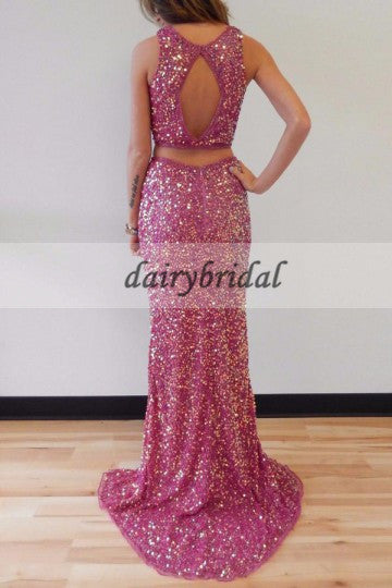 Two Pieces Beaded Prom Dress, Mermaid Open-Back Slit Prom Dress, D222