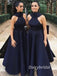 Black A-line Satin High Neck Backless Tea-Length Bridesmaid Dress, FC2267