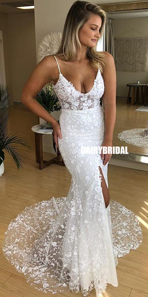 Spaghetti Straps Mermaid Sexy Backless Slit Lace Wedding Dress, FC2380