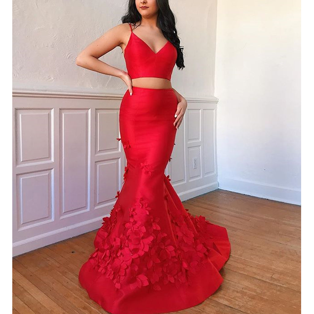 Red Two Pieces Mermaid Satin Backless Applique Prom Dresses, FC2393