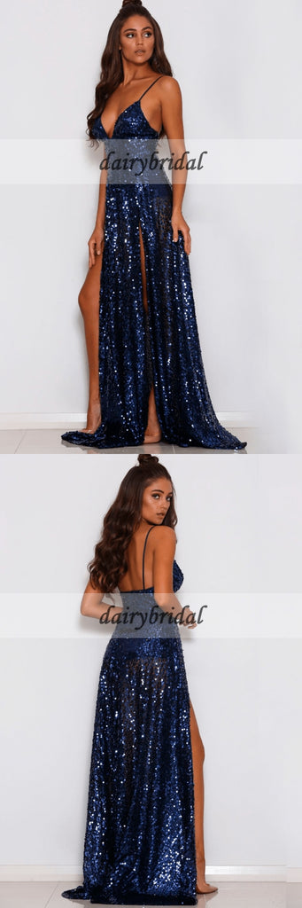 Spaghetti Straps Sequin Prom Dresses, V-Neck Backless Slit Prom Dresses, D252