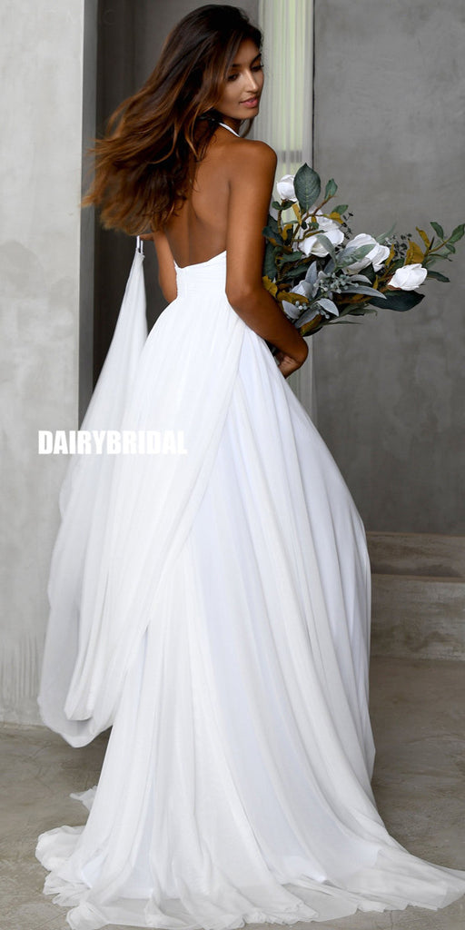 Simple A-line Chiffon Slit Deep V-neck Backless Wedding Dresses, FC2558