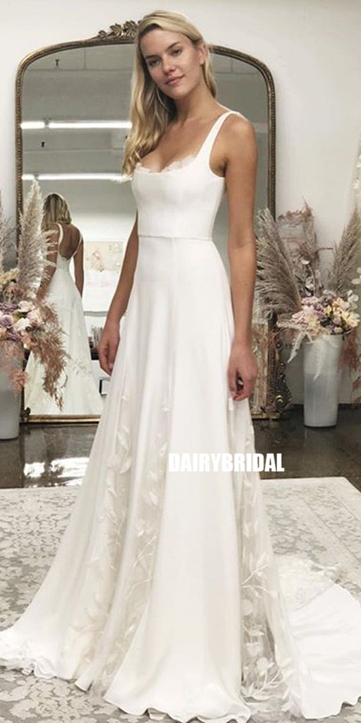 Charming A-line Square Neckline Lace Backless Wedding Dresses, FC2682