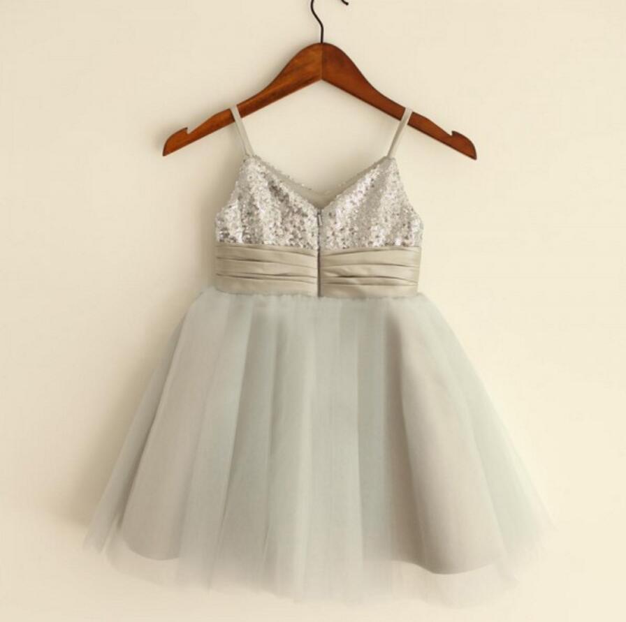 Sparkly Spaghetti Strap V- Neck Light Gray Tulle Flower Girl Dresses With Handmade Flower Sash, FGS027