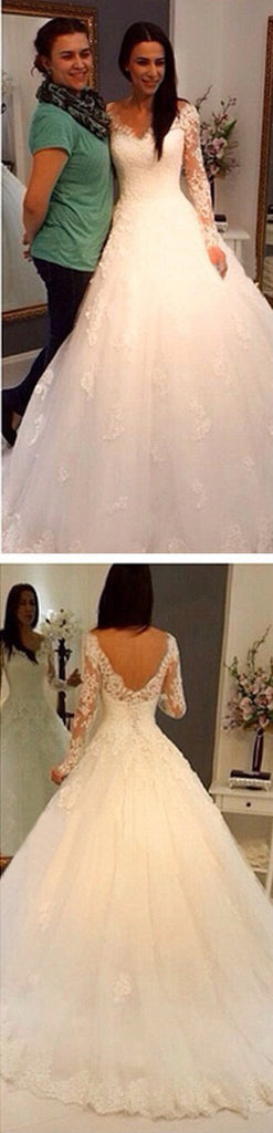 Charming V-Neck Long Sleeve Lace Wedding Party Dresses, Gorgeous Bridal Gown, WD0032