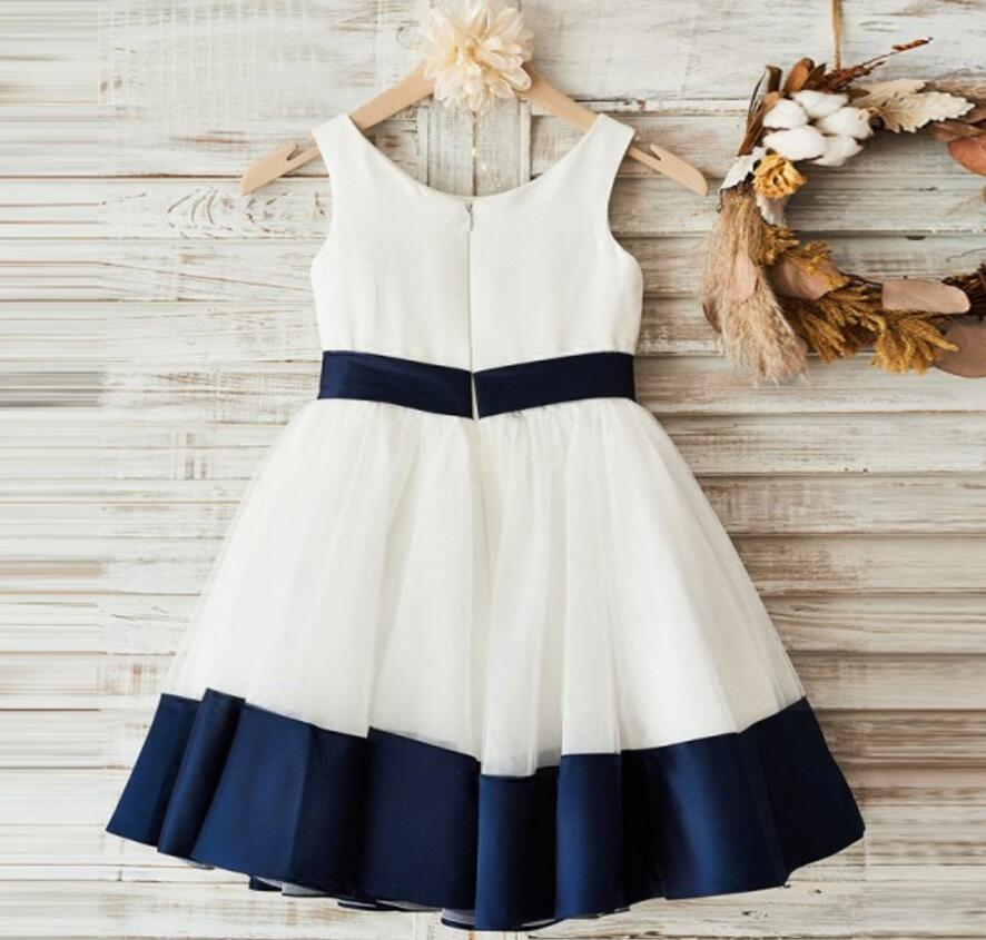 Round Neck Black And Navy Satin Lovely Simple Flower Girl Dresses With Bow Sash, FGS033