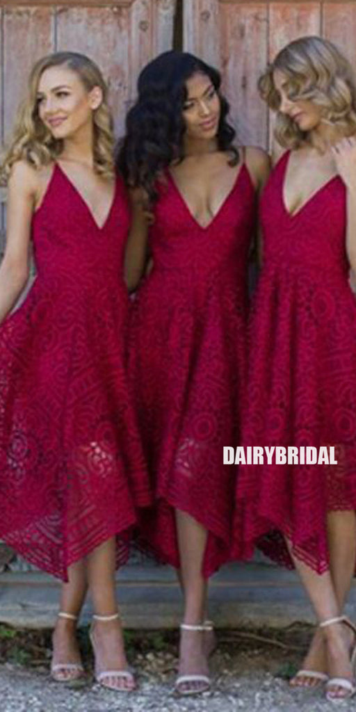 Spaghetti Straps V-Neck Bridesmaid Dress, Red Lace Bridesmaid Dress, D351