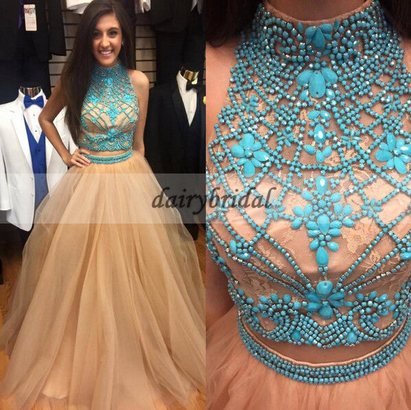 Two Pieces Beaded Prom Dress, Tulle Open-Back Prom Dress, Sleeveless Prom Dress, D378