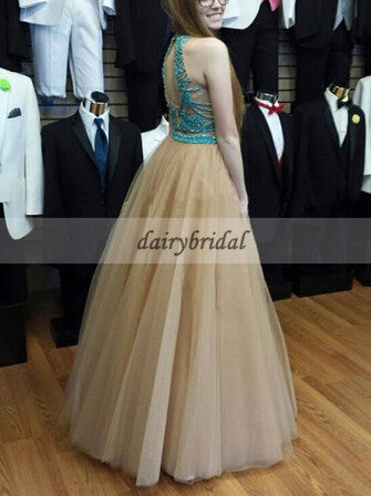 Two Pieces Beaded Prom Dress, Tulle Open-Back Prom Dress, Sleeveless Prom Dress, D378