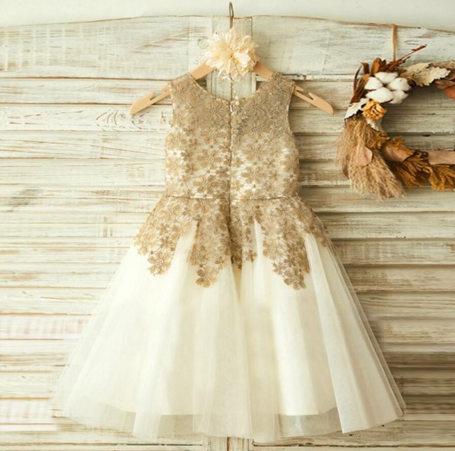 Gold Lace Sleeveless Tulle Flower Girl Dresses, Little Girl Dresses, Cheap Flower Girl Dresses, FG073