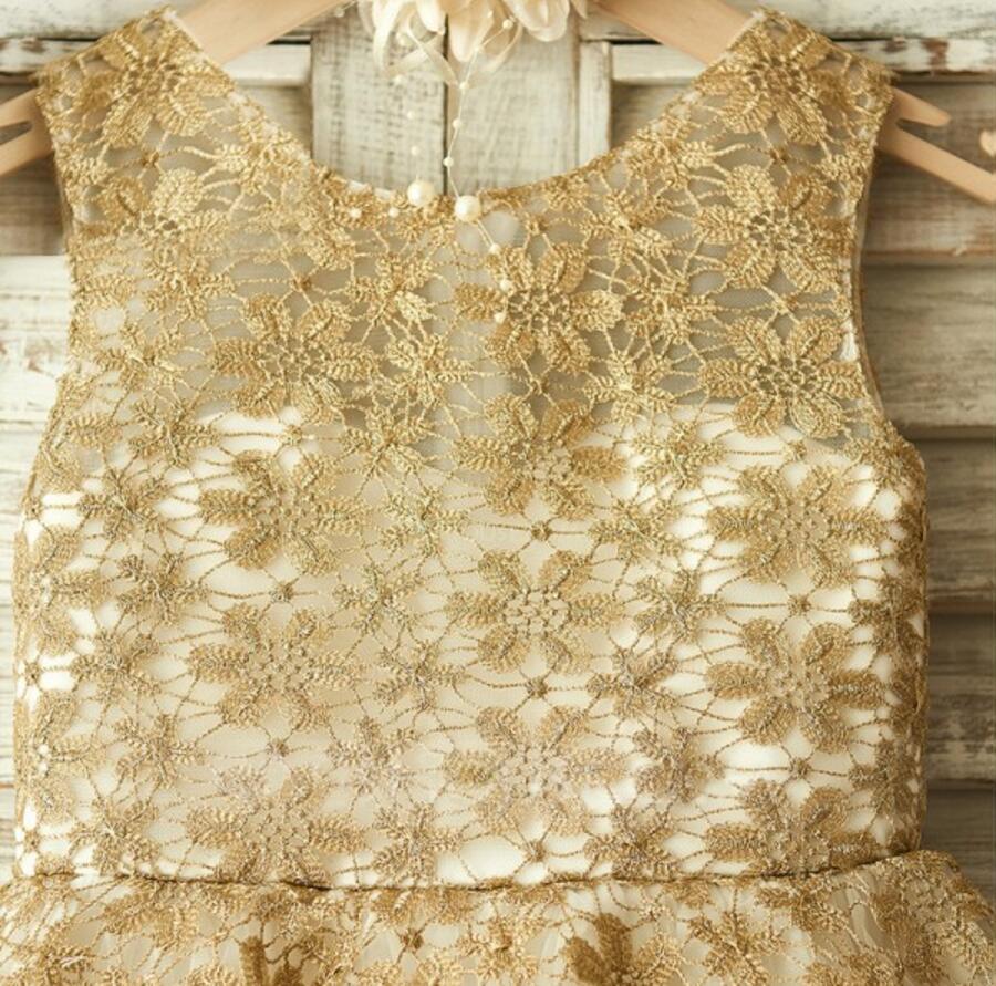 Gold Lace Sleeveless Tulle Flower Girl Dresses, Little Girl Dresses, Cheap Flower Girl Dresses, FG073