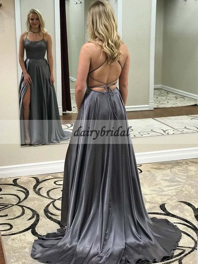 Soft Satin Backless Slit Prom Dress, Spaghetti Straps Mermaid Prom Dress, D398