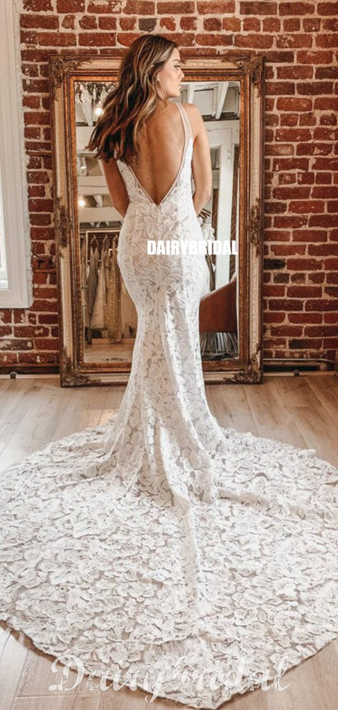 Stunning Mermaid Lace Sexy V-neck Sleeveless V-back Wedding Dresses, FC4358