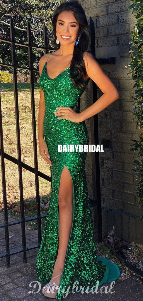 Sparkle Mermaid Sleeveless Charming Sequin Slit Prom Dresses, FC4367