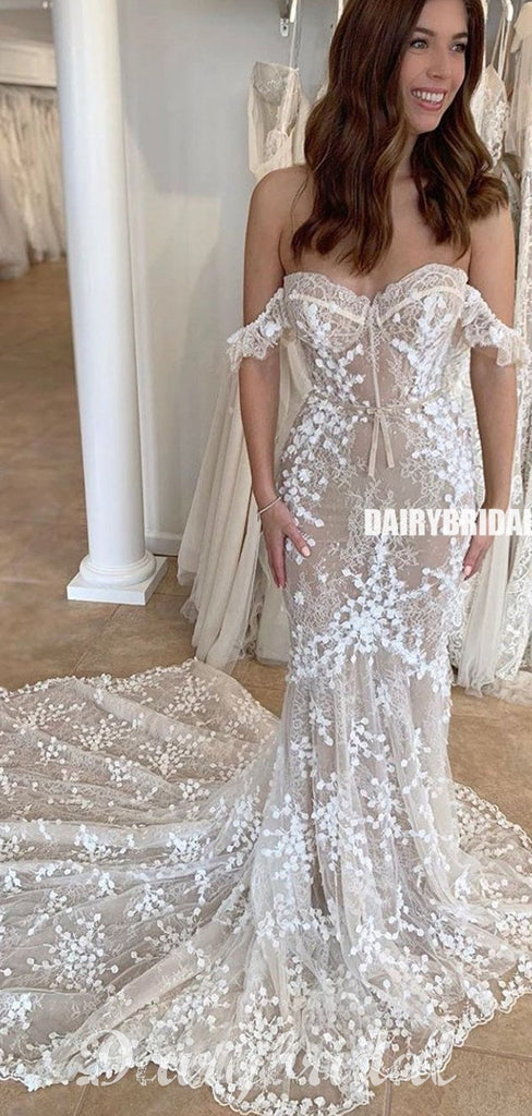 New Arrival Off Shoulder Sexy Mermaid Backless Lace Sweetheart Wedding Dress, FC4598