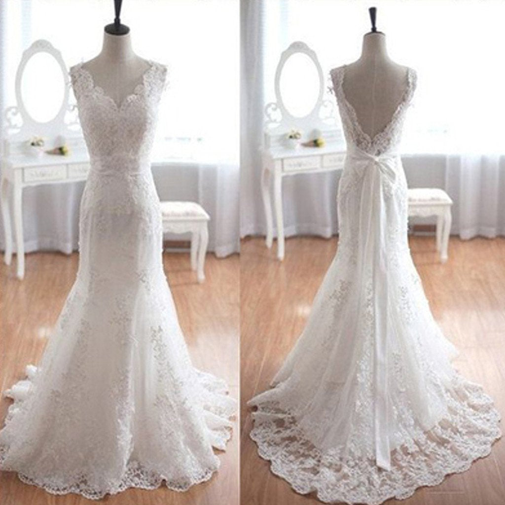 Popular Elegant V-Neck Long Mermaid White Lace Bridal Gown, Wedding Party Dresses , WD0045