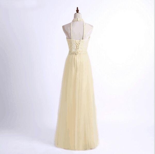 Simple Design A-Line Tulle Halter Beaded Floor-Length Sleeveless Bridesmaid Dresses,220046