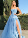 Spaghetti Straps A-line Tulle Slit Cross Back Prom Dress, FC4610