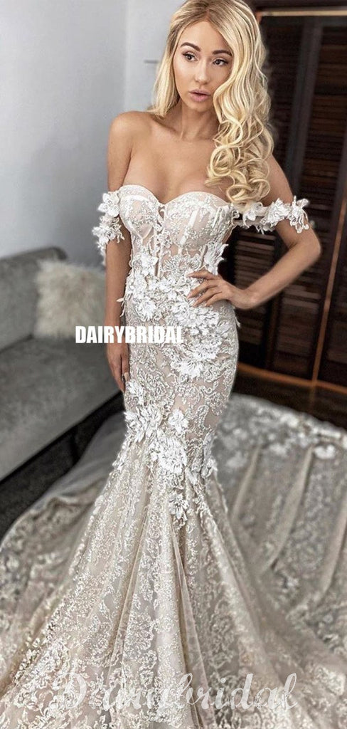 Off Shoulder Lace Mermaid Backless Sweetheart Wedding Dress, FC4686