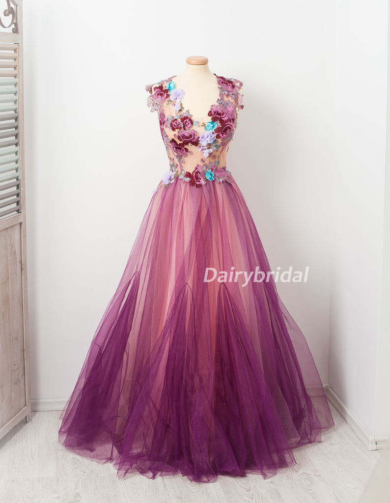 Charming Applique A-Line Prom Dress, Honeast Tulle Prom Dress, D474