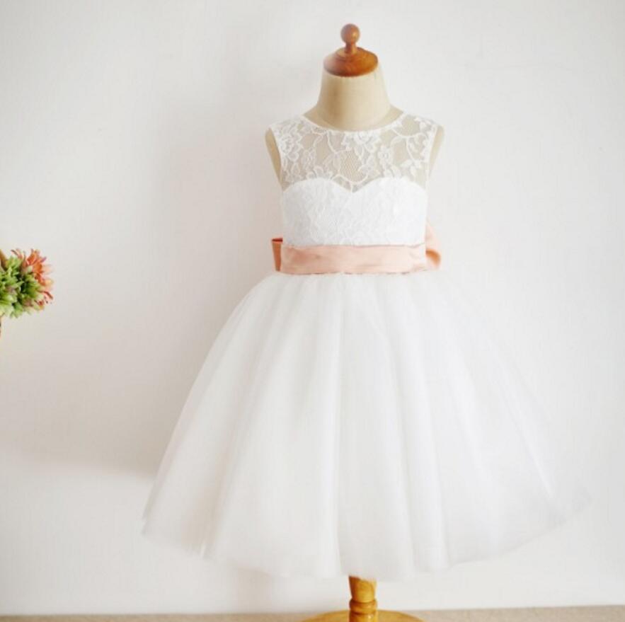 Lovely Illusion Lace Top Tulle Flower Girl Dresses with Knot Bow, Little Girl Dresses, FG082