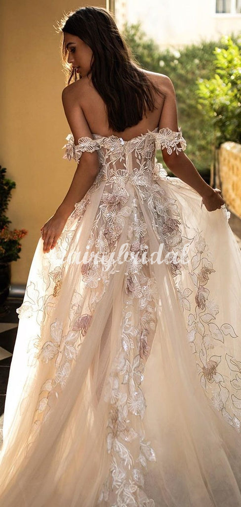 Fashion Tulle A-line Off Shoulder Backless Lace Wedding Dress, FC5093