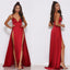 Spaghetti Starps Red Slit Prom Dress, Sexy V-Neck Backless A-Line Soft Satin Prom Dress, D516